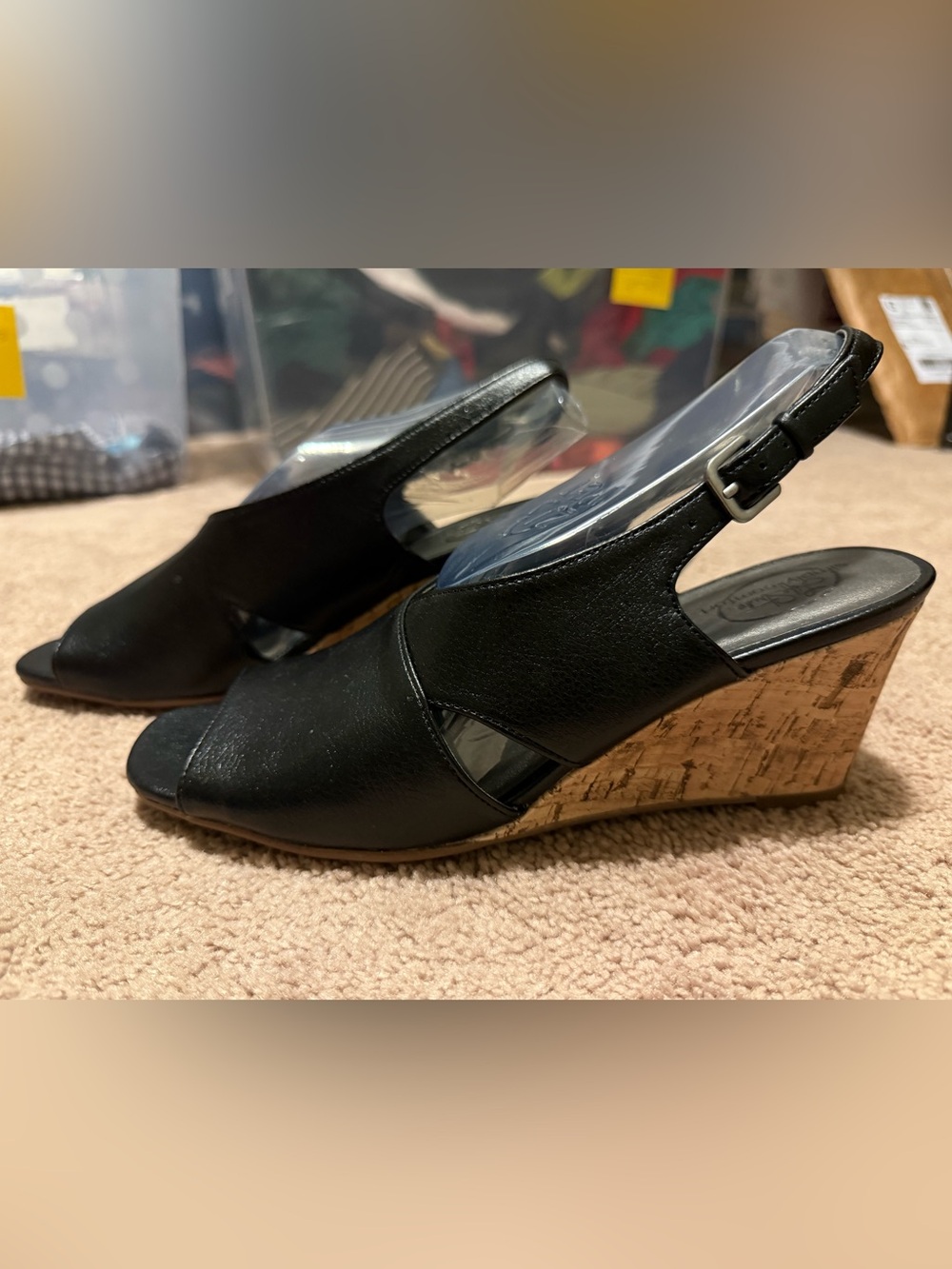 NWOT Life Stride Simply Comfort Black Cork Wedge Slingback Sandals  Sz 9